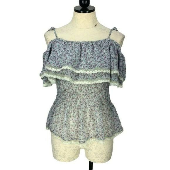 Cecico Women's Floral Off Cold Shoulder Peplum Sheer Blouse‎ Size Medium M - Picture 1 of 12